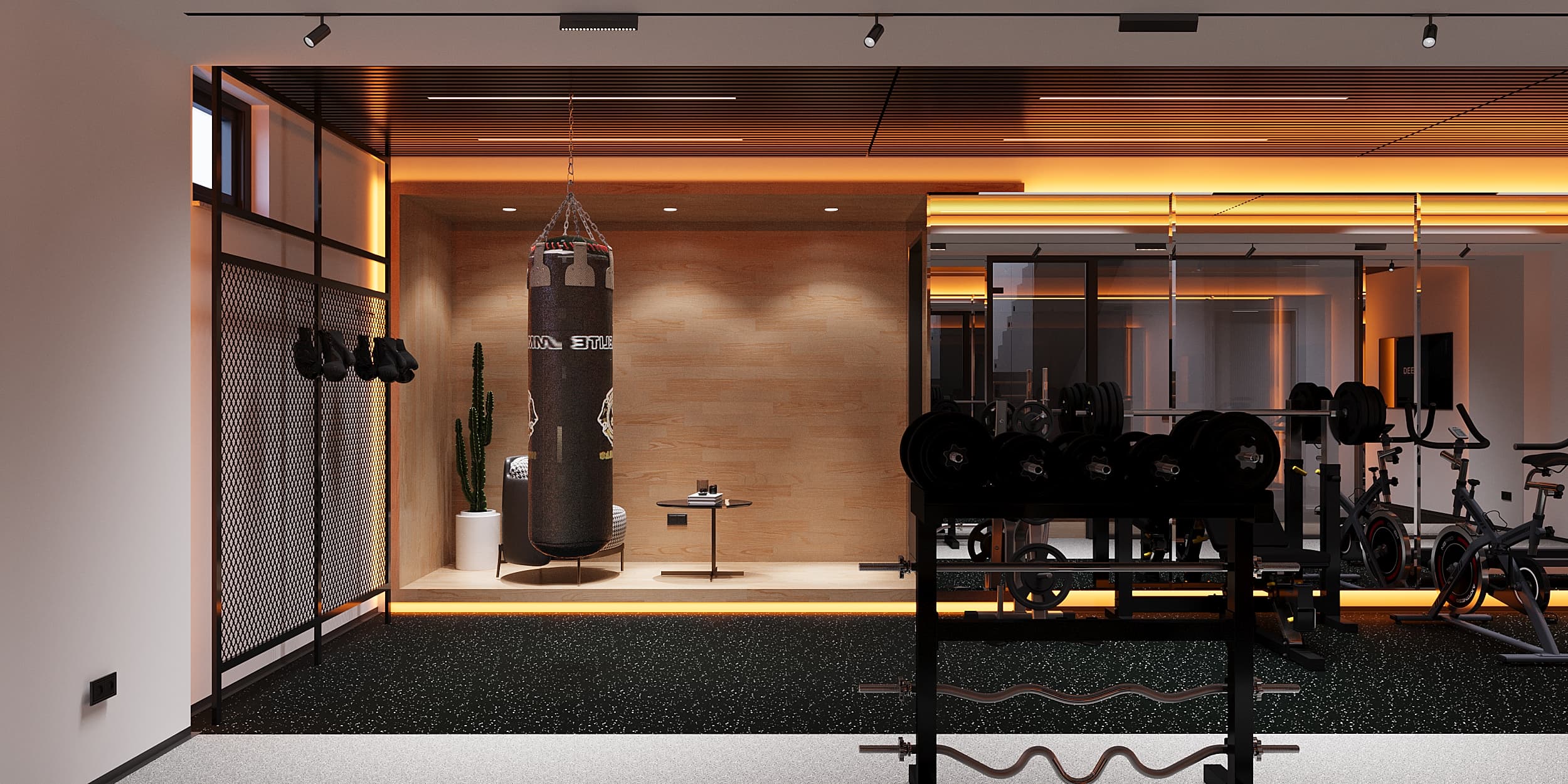 Home gym with punching bag, weight rack, and amber LED ceiling