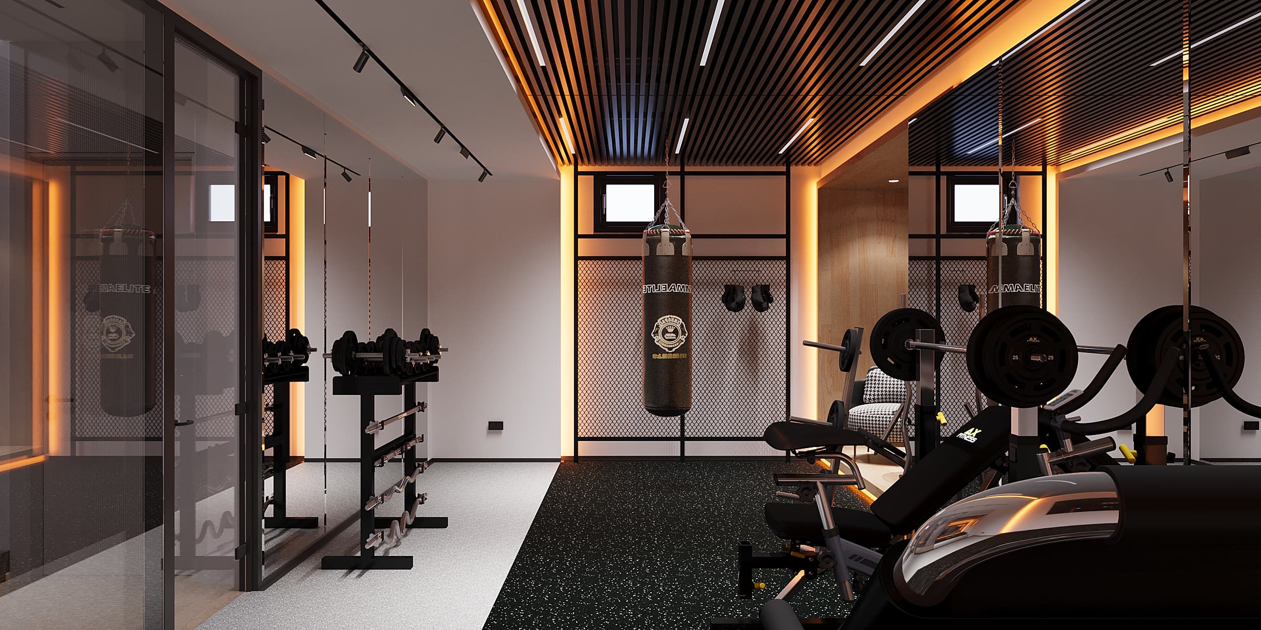 Gym angle showing punching bag, bench press, and slatted amber ceiling
