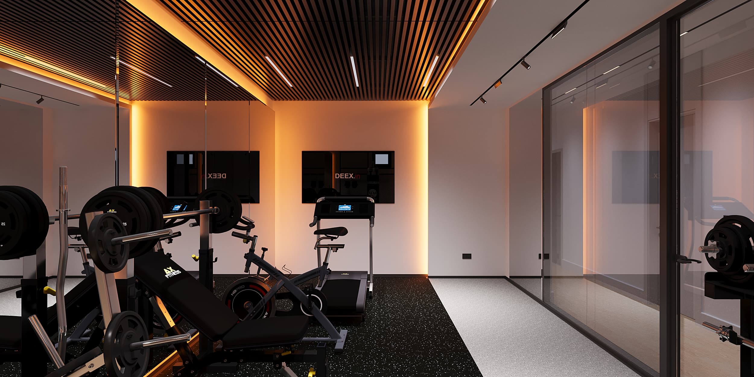 Cardio area with treadmill, bike, and glass partition to stairway
