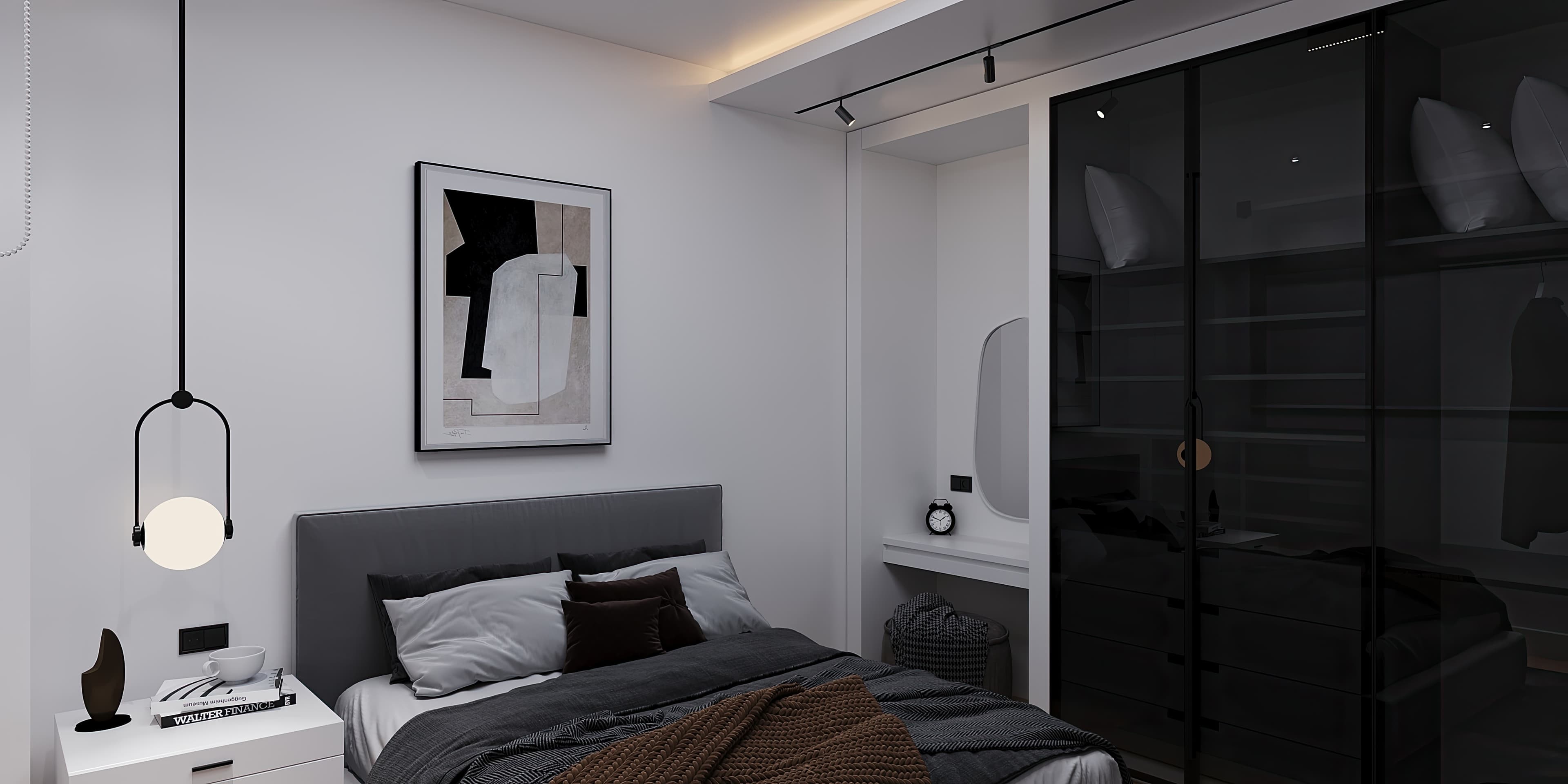 Same bedroom different angle showing pendant light and nightstand