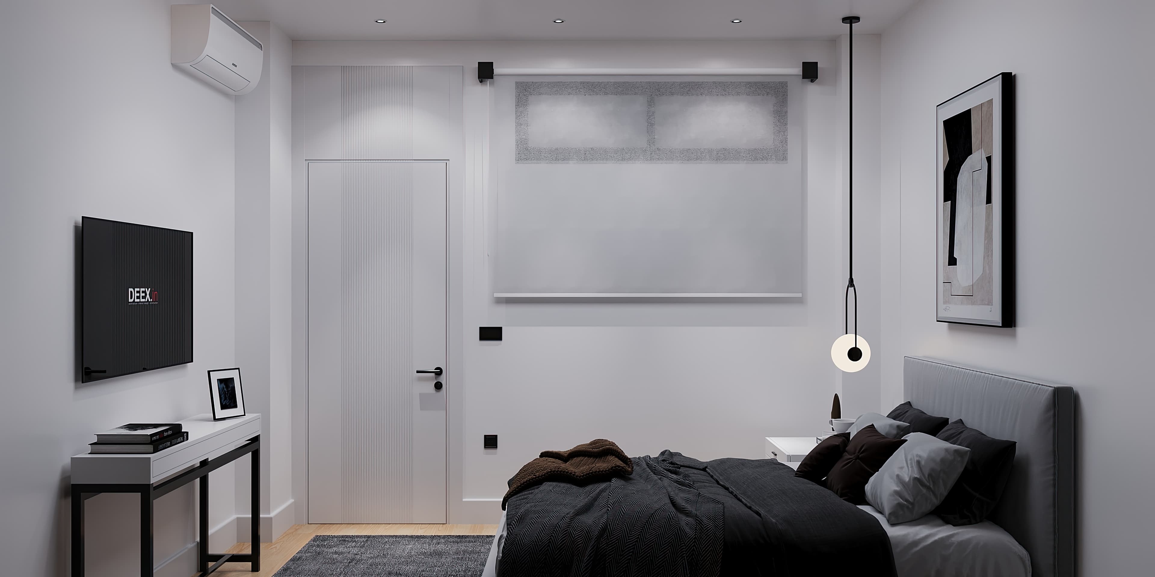 Compact monochrome bedroom with wall-mounted TV, pendant, and dark bedding
