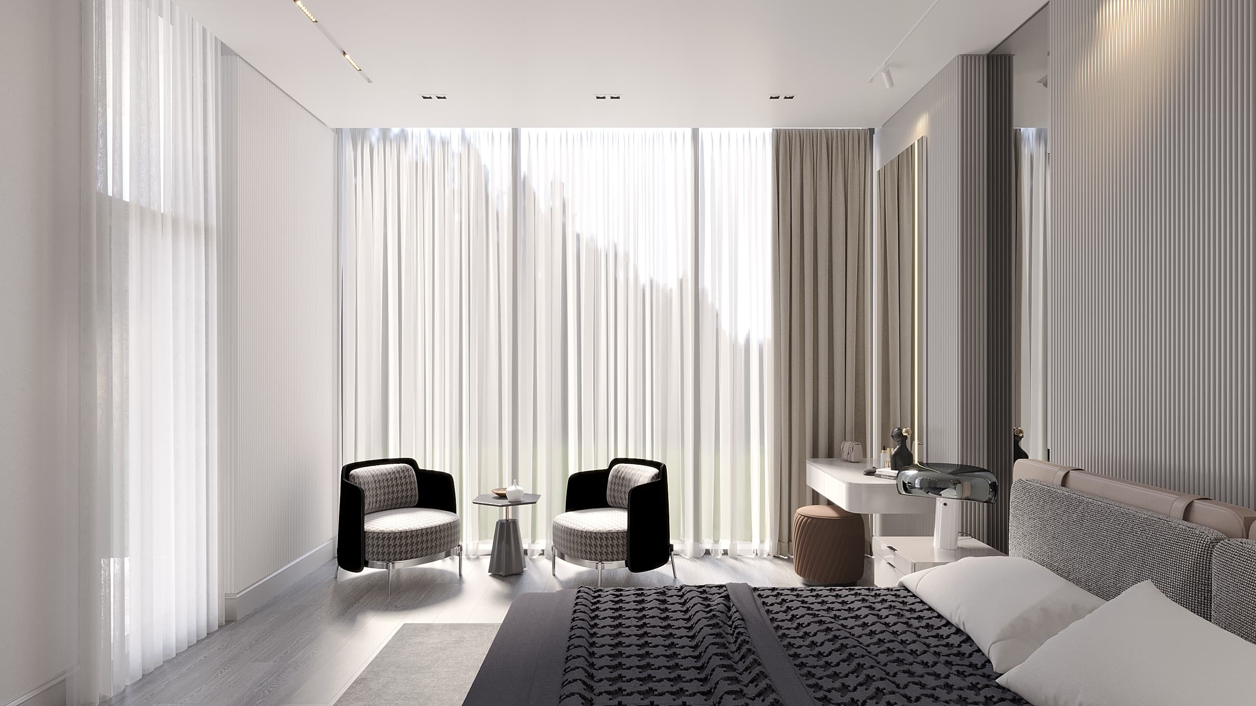 Master bedroom with houndstooth armchairs, sheer curtains, and vanity desk