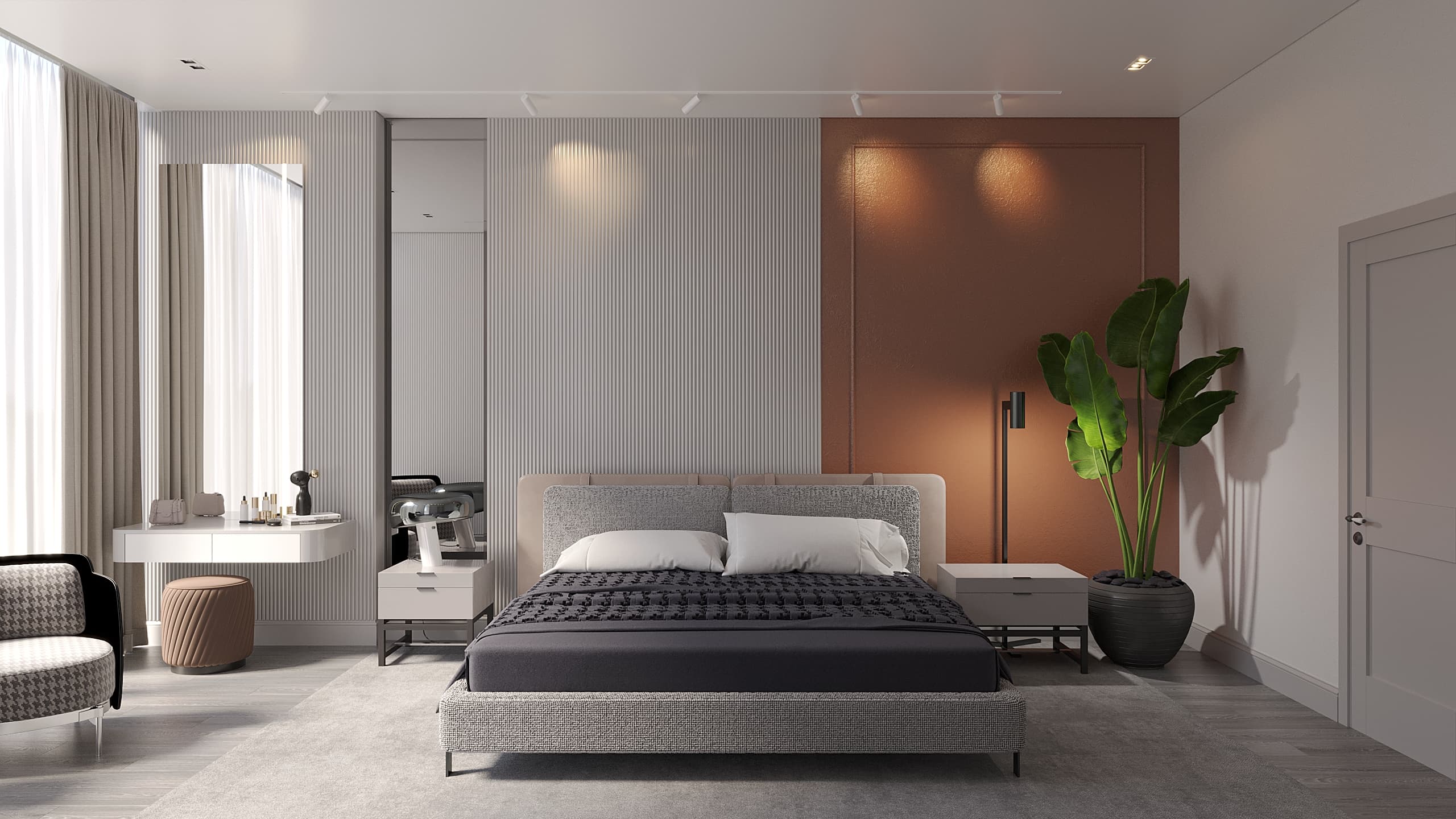 Master bedroom wide view with slatted panels, terracotta accent, and vanity area