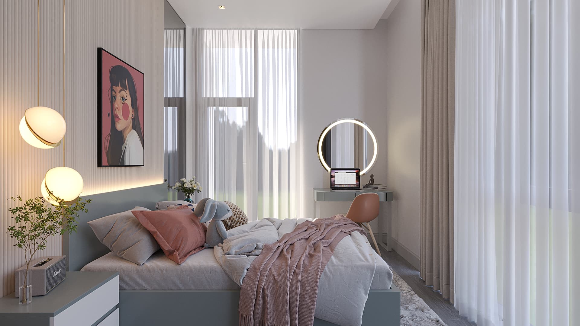 Girl's bedroom close-up with pop-art portrait, globe sconces, and lit mirror desk